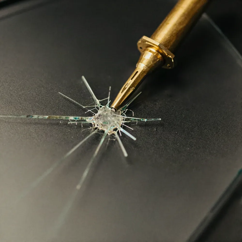 Close-up of a star-break stone chip in a windshield with a brass resin injector positioned over the impact point.