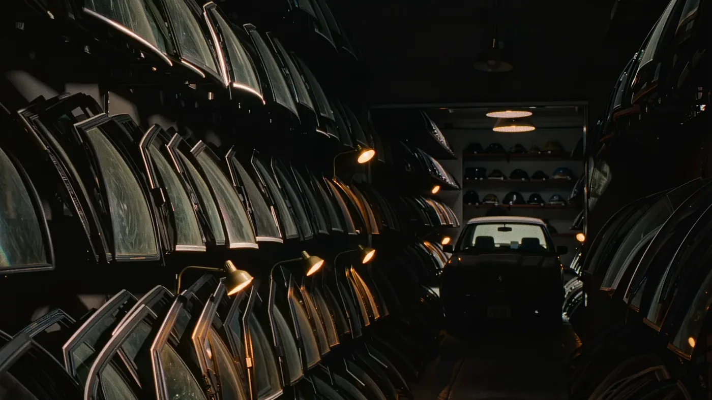 Rows of replacement windshields stored on edge in racks down both sides of the Diamond Glass shop, with a car waiting in the bay at the end.