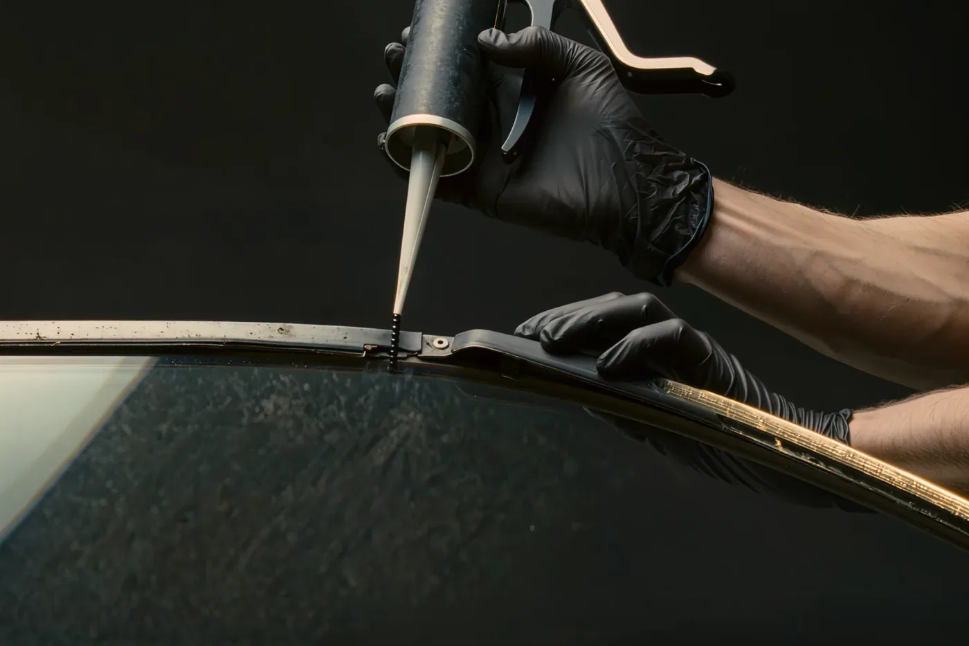 A technician's gloved hands laying an even bead of black urethane along a vehicle's windshield frame before the new glass is set.